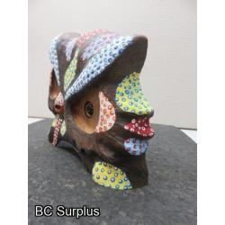 S-68: Folk Art Painted Wooden Owl Head