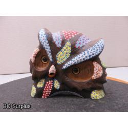 S-68: Folk Art Painted Wooden Owl Head