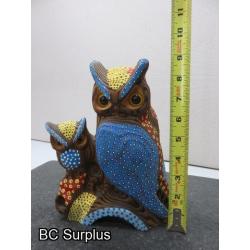 S-63: Folk Art Painted Wooden Owl Family