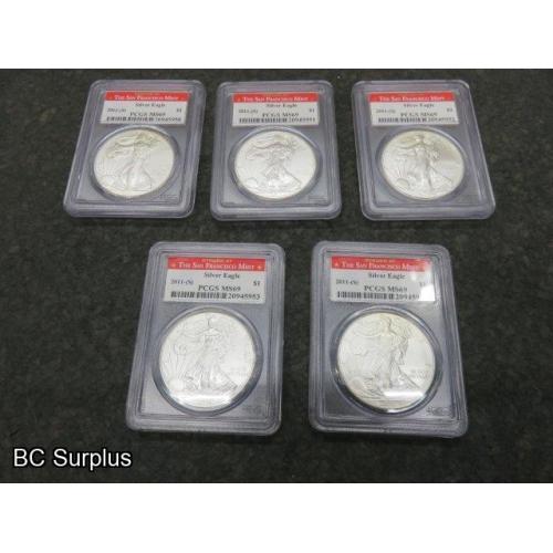 S-671: USA Silver Eagle One Dollar Fine Silver Coins – 5 Items