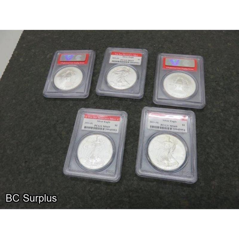 S-671: USA Silver Eagle One Dollar Fine Silver Coins – 5 Items